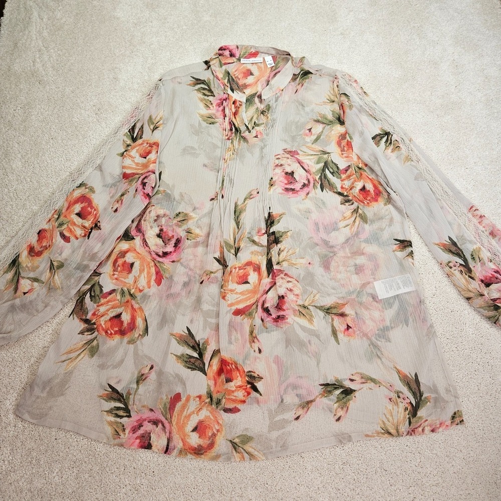 Cottagecore White Floral Lace Trim XL Long Sleeve Sheer Tunic (Only) Blouse Top